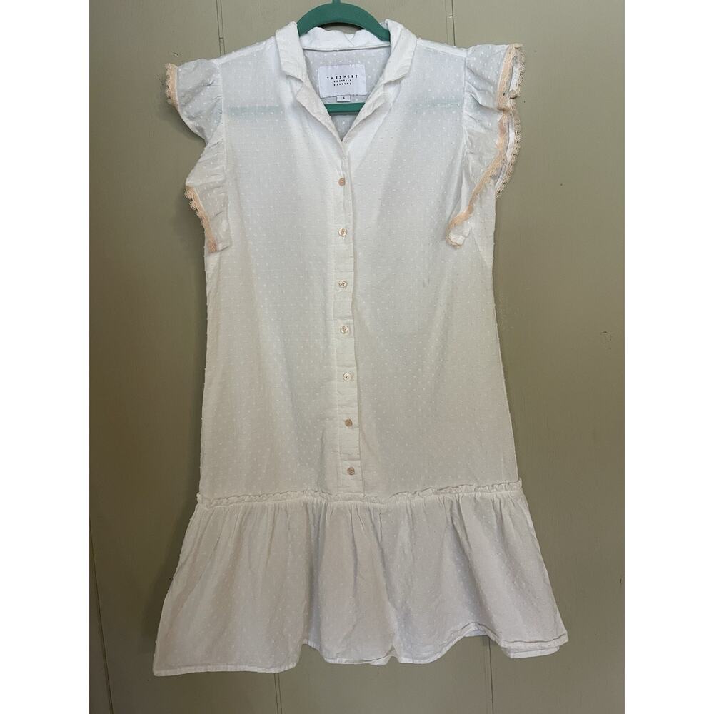 White Button-Front Mini Dress with Ruffle Sleeves - Picture 2 of 7